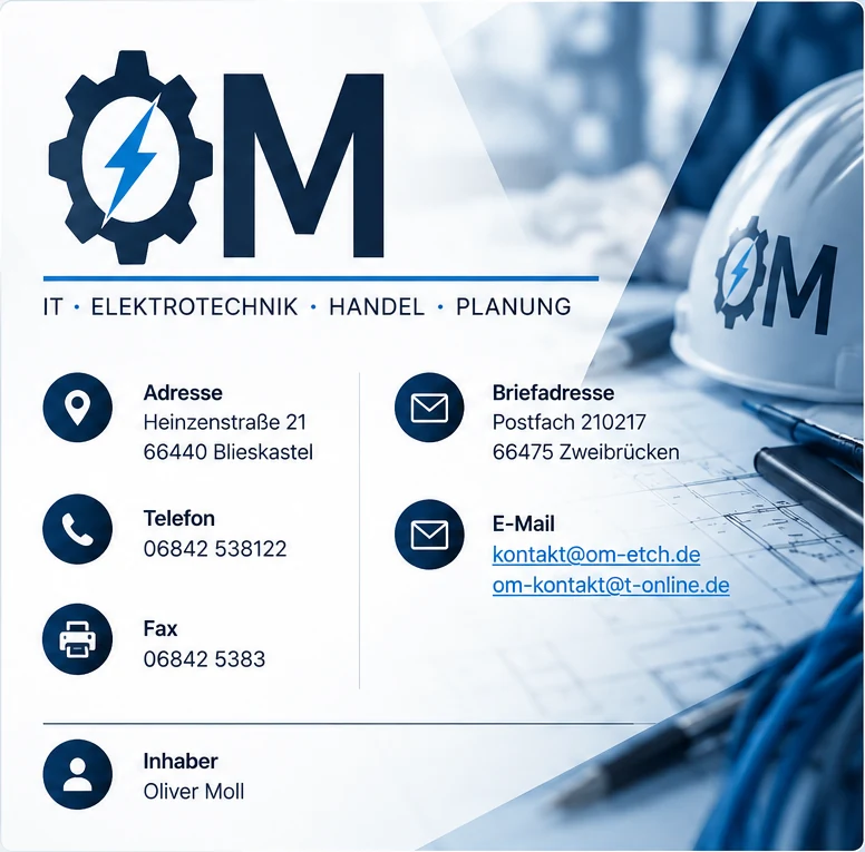 OM Unternehmensgrafik mit Blitzsymbol, technischem Hintergrund und Kontaktinformationen